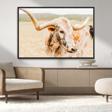 21060648-MGV-CV-36X24-Texas Longhorn Wall Art Canvas Print, Framed Speckled Cow Art Picture Print, Rustic Bull Perfect Rustic Western Decor Artwork