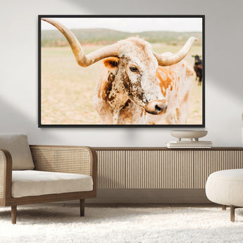 21060648-MGV-CV-36X24-Texas Longhorn Wall Art Canvas Print, Framed Speckled Cow Art Picture Print, Rustic Bull Perfect Rustic Western Decor Artwork