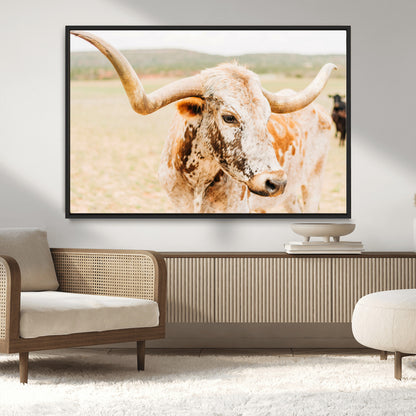 21060648-MGV-CV-36X24-Texas Longhorn Wall Art Canvas Print, Framed Speckled Cow Art Picture Print, Rustic Bull Perfect Rustic Western Decor Artwork