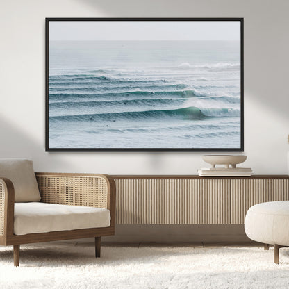 73969318-MGV-CV-36X24-Ocean Waves Wall Art Canvas Print, Framed Surfer Lineup Art Picture Print, Crowded Ocean Perfect Minimal Coastal Decor Artwork