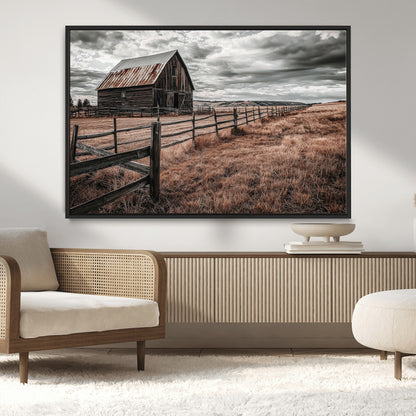 73898372-MGV-CV-36X24-Rustic Barn Wall Art Canvas Print, Framed Moody Field Art Picture Print, Weathered Fence Perfect Moody Farmhouse Decor Artwork
