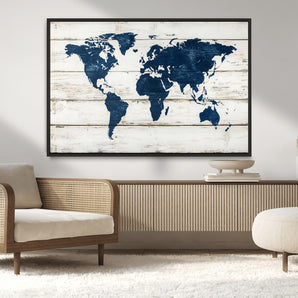 42865106-MGV-CV-36X24-World Map Wall Art – Rustic Blue and White Triptych Canvas for Modern Home or Office Decor, Coastal Style Wall Art for Living Room