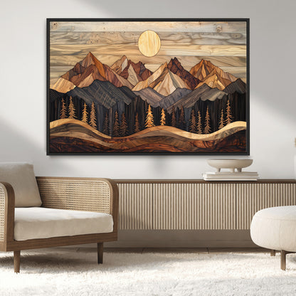 50100230-MGV-CV-36X24-Wooden Mountain Wall Art – Rustic Nature Landscape Canvas Print, Handmade Style Sun, Forest, and Peaks Artwork for Living Room,
