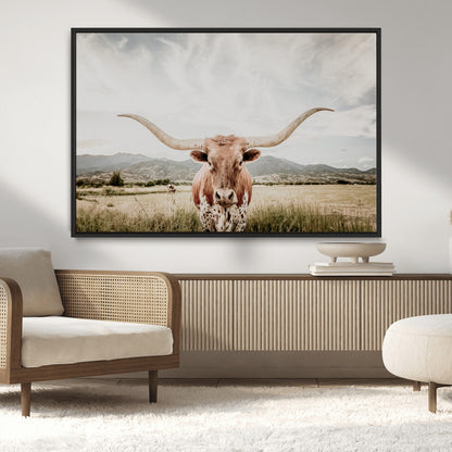 80054319-MGV-CV-36X24-Longhorn Wall Art – Rustic Western Canvas Print, Majestic Bull Artwork for Farmhouse, Ranch or Living Room
