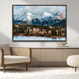 36247746-MGV-CV-36X24-Snowy Peaks Wall Art Canvas Print, Framed Alpine Lake Art Picture Print, Pine Forest Perfect Alpine Wilderness Decor Artwork