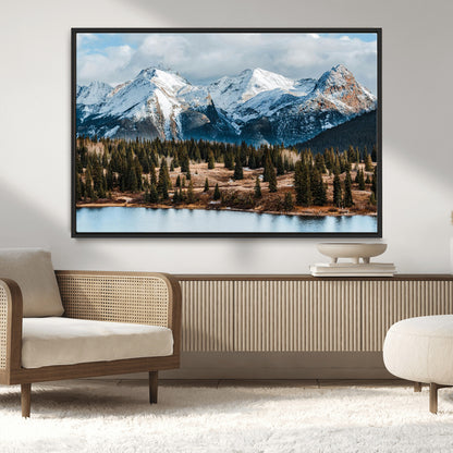 36247746-MGV-CV-36X24-Snowy Peaks Wall Art Canvas Print, Framed Alpine Lake Art Picture Print, Pine Forest Perfect Alpine Wilderness Decor Artwork