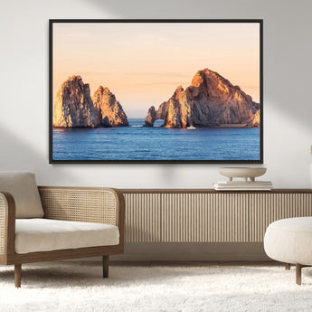 72996116-MGV-CV-36X24-El Arco Wall Art Canvas Print, Framed Cabo Rocks Art Picture Print, Ocean Arch Perfect Golden Coastal Landmark Decor Artwork