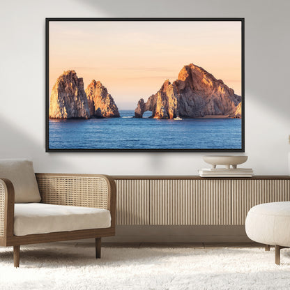 72996116-MGV-CV-36X24-El Arco Wall Art Canvas Print, Framed Cabo Rocks Art Picture Print, Ocean Arch Perfect Golden Coastal Landmark Decor Artwork