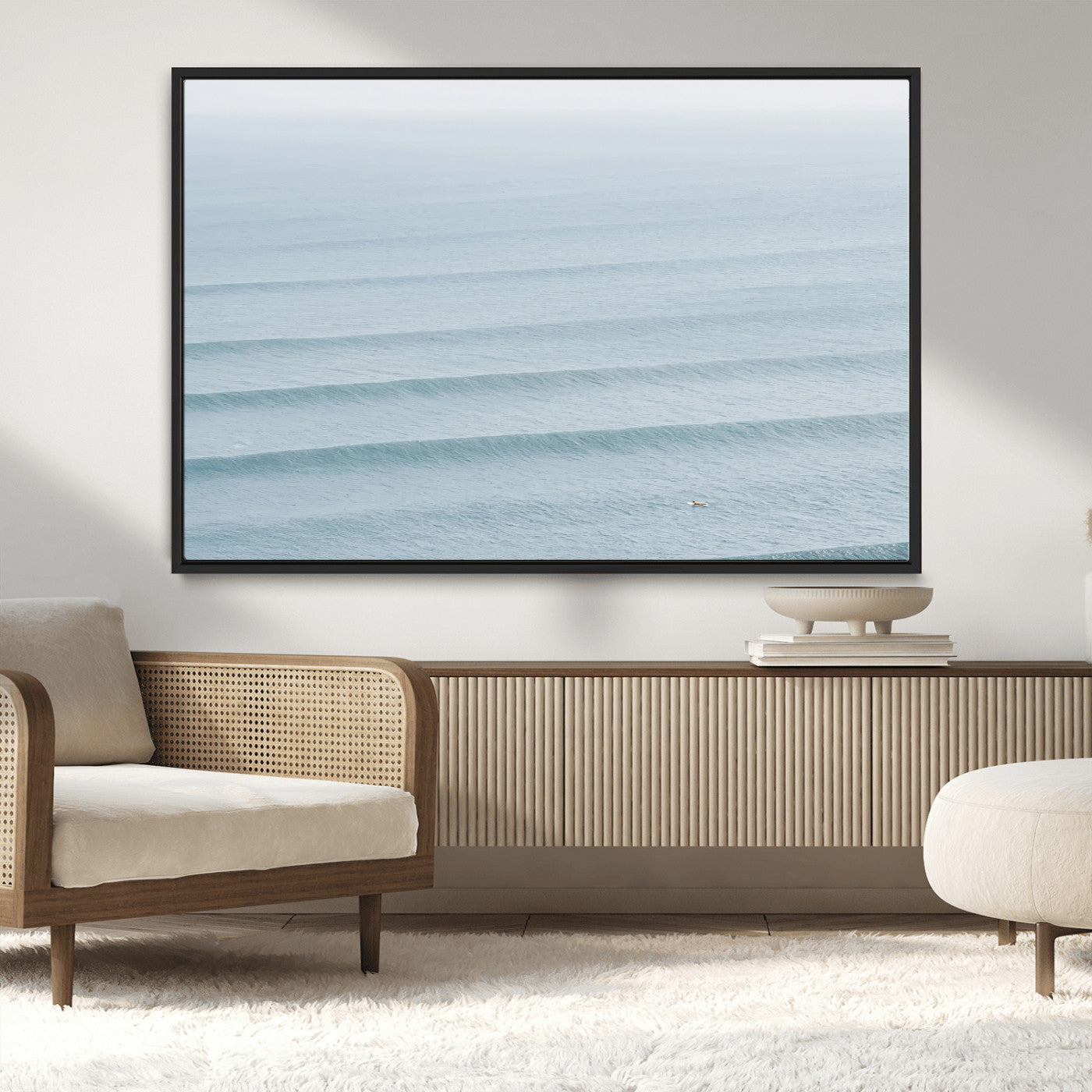 47814787-MGV-CV-36X24-Ocean Waves Wall Art Canvas Print, Framed Solo Surfer Art Picture Print, Wave Lines Perfect Minimalist Ocean Decor Artwork