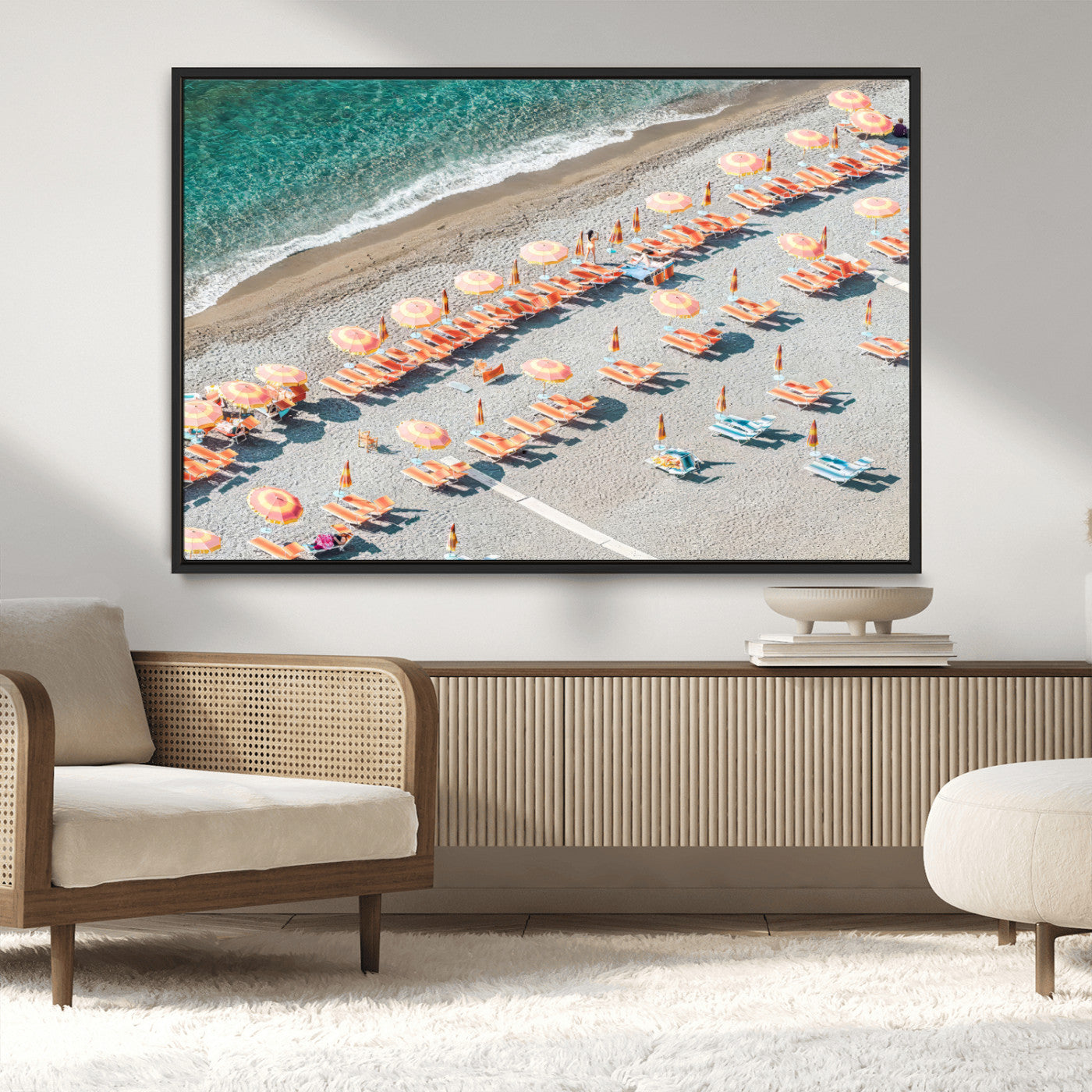 27805351-MGV-CV-36X24-Colorful Umbrellas Wall Art Canvas Print, Framed Sunny Beach Art Picture Print, Beach Lounges Perfect Mediterranean Retro Beach