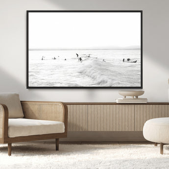 33449548-MGV-CV-36X24-Group Surfers Wall Art Canvas Print, Framed Ocean Wave Art Picture Print, Surf Crowd Perfect Monochrome Surf Decor Artwork