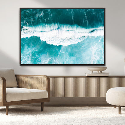 23828594-MGV-CV-36X24-Aerial Waves Wall Art Canvas Print, Framed Ocean Break Art Picture Print, Sea Foam Perfect Tropical Coastal Decor Artwork