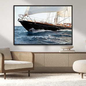 97168626-MGV-CV-36X24-Sailing Yacht Wall Art Canvas Print, Framed Wooden Yacht Art Picture Print, Ocean Waves Perfect Nautical Coastal Decor Artwork
