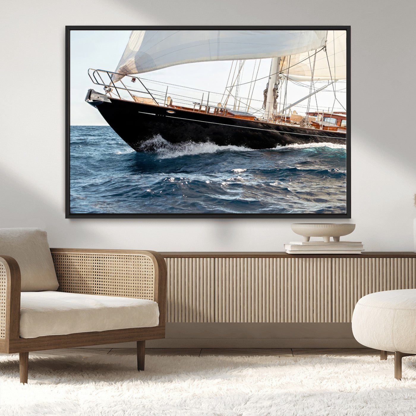 97168626-MGV-CV-36X24-Sailing Yacht Wall Art Canvas Print, Framed Wooden Yacht Art Picture Print, Ocean Waves Perfect Nautical Coastal Decor Artwork