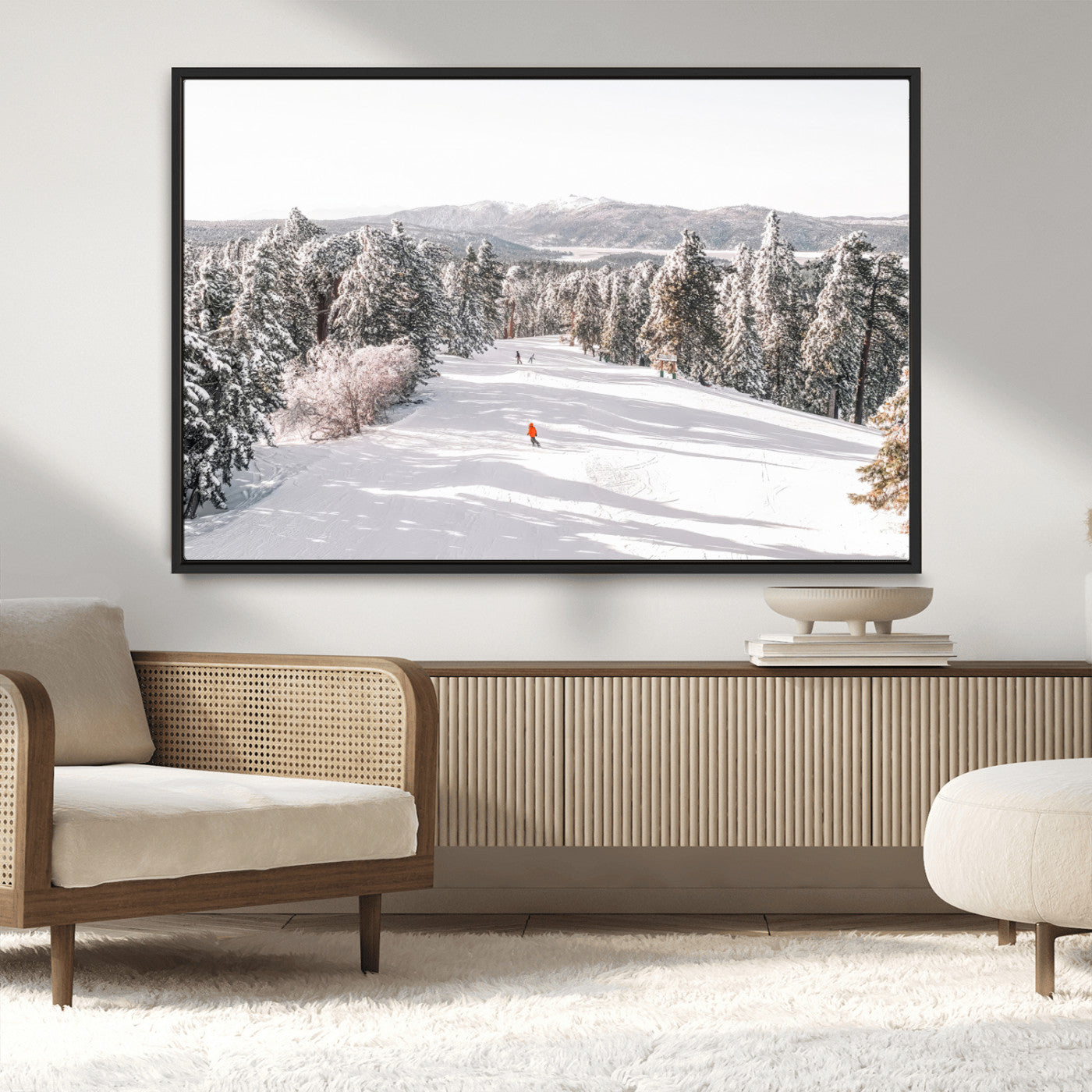 62119206-MGV-CV-36X24-Snowy Trail Wall Art Canvas Print, Framed Ski Slope Art Picture Print, Winter Pines Perfect Alpine Adventure Decor Artwork