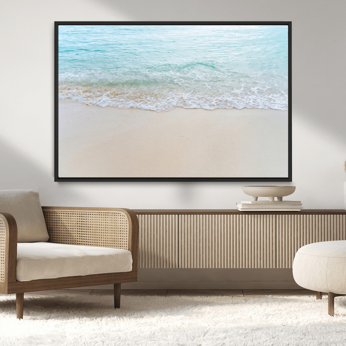 77194056-MGV-CV-36X24-Soft Shoreline Wall Art Canvas Print, Framed Gentle Waves Art Picture Print, Clear Water Perfect Minimalist Coastal Decor Artwork