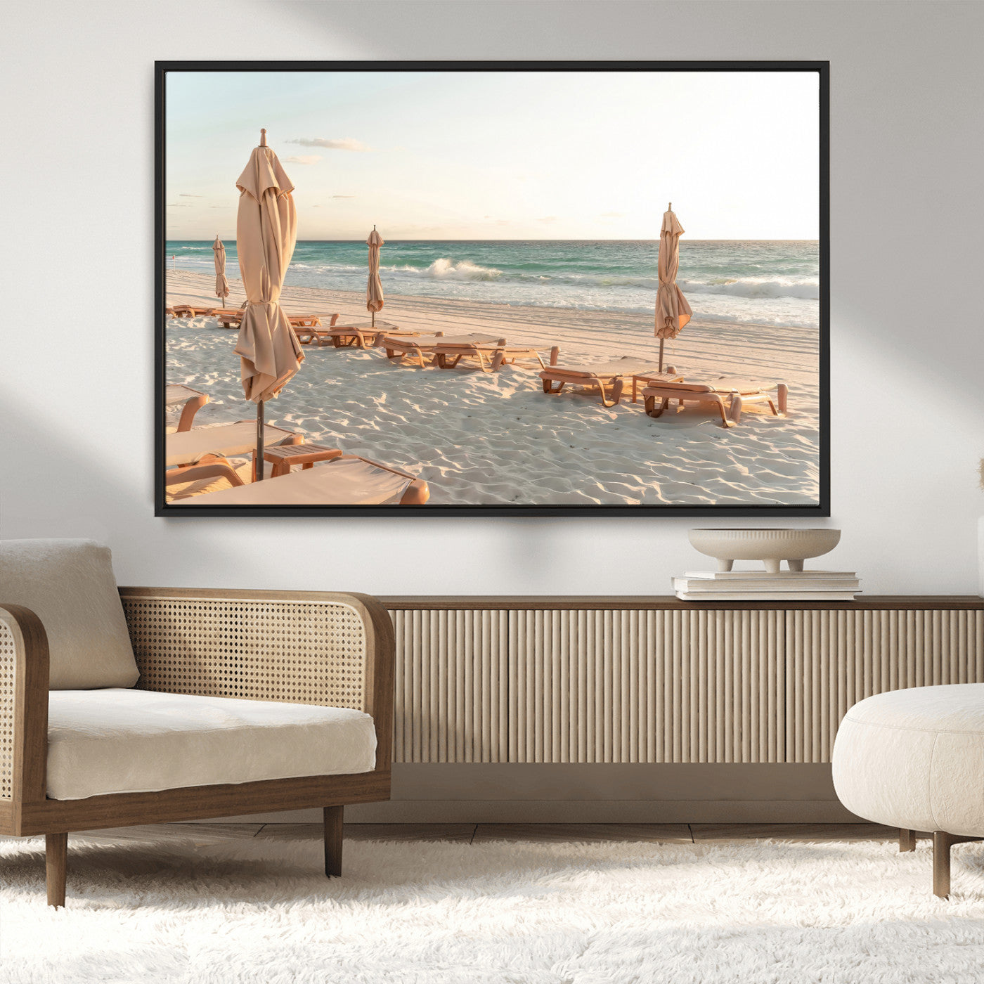 58507949-MGV-FC-36X24_Black-Beach Umbrellas Wall Art Canvas Print, Framed Empty Loungers Art Picture Print, Soft Sand Perfect Minimalist Seaside Decor Artwork