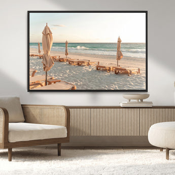 58507949-MGV-FC-36X24_Black-Beach Umbrellas Wall Art Canvas Print, Framed Empty Loungers Art Picture Print, Soft Sand Perfect Minimalist Seaside Decor Artwork