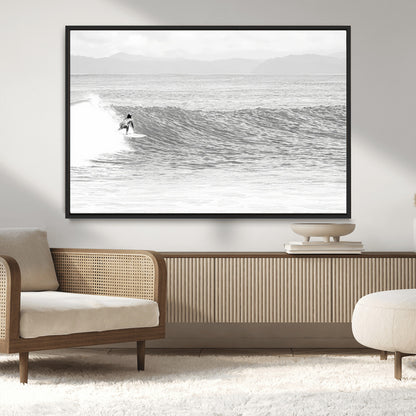 81535128-MGV-CV-36X24-Surfer Woman Wall Art Canvas Print, Framed Black Ocean Art Picture Print, Ocean Surfing Perfect Monochrome Coastal Decor Artwork