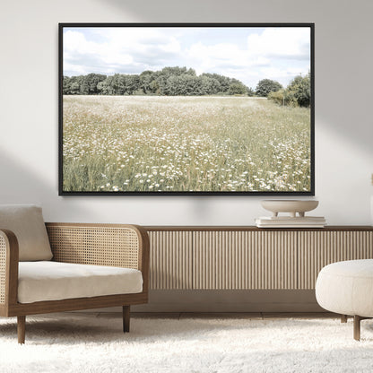 43258946-MGV-CV-36X24-Daisy Field Wall Art Canvas Print, Framed Pastel Flower Art Picture Print, Meadow Bloom Perfect Scandinavian Minimalist Decor