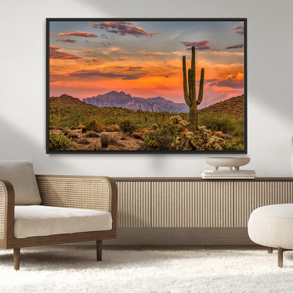 25332783-MGV-CV-36X24-Saguaro Cactus Wall Art Canvas Print, Framed Arizona Sunset Art Picture Print, Sonoran Desert Perfect Southwestern Boho Decor