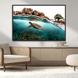 44200301-MGV-CV-36X24-Sea Turtle Swim Wall Art Canvas Print, Framed Ocean Life Art Picture Print, Tropical Shoreline Perfect Tropical Coastal Decor