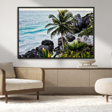 94669907-MGV-CV-36X24-Tropical Coastline Wall Art Canvas Print, Framed Palm Tree Art Picture Print, Rocky Beach Perfect Tropical Coastal Decor Artwork