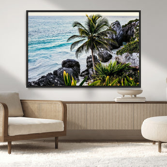 94669907-MGV-CV-36X24-Tropical Coastline Wall Art Canvas Print, Framed Palm Tree Art Picture Print, Rocky Beach Perfect Tropical Coastal Decor Artwork