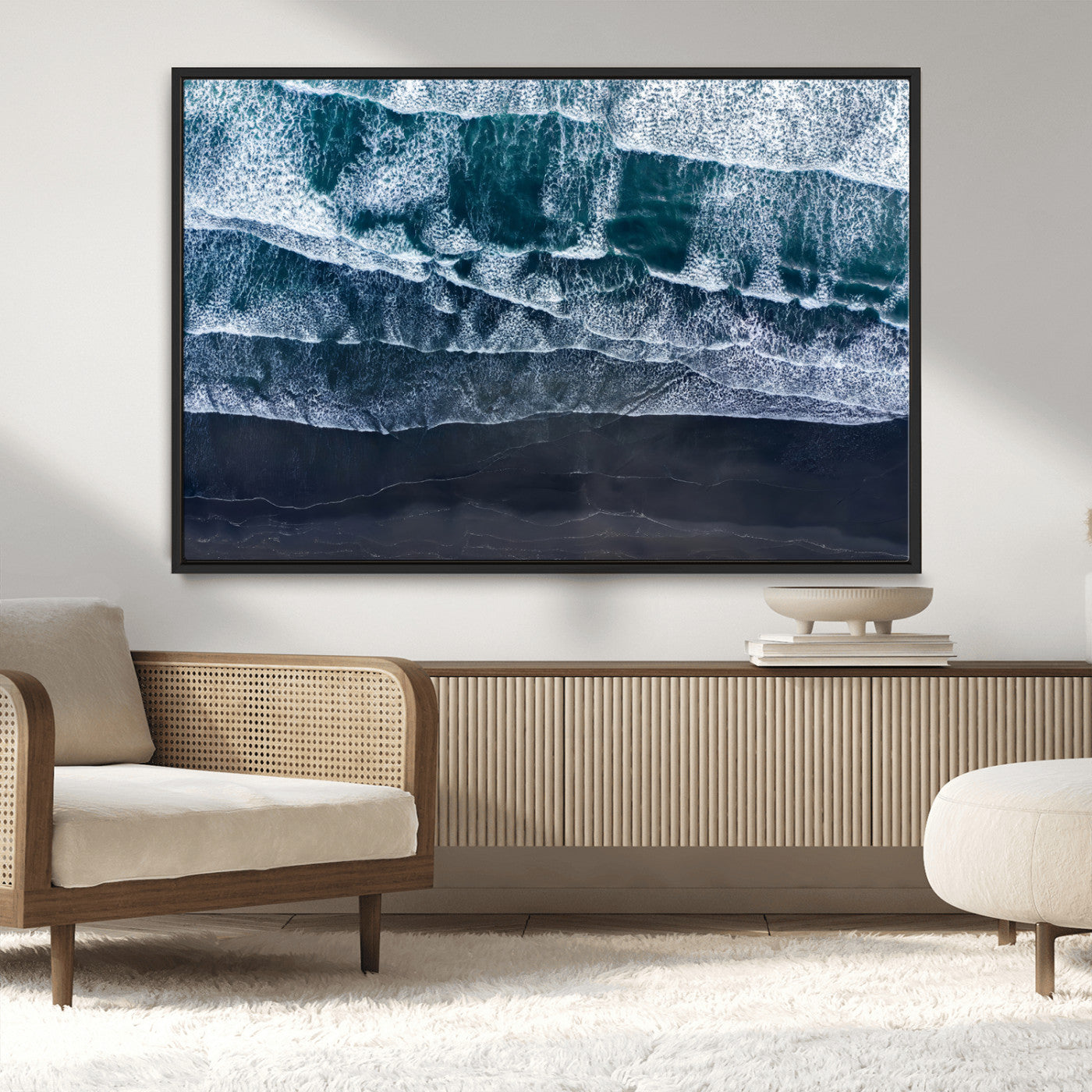 87941475-MGV-CV-36X24-Black Beach Wall Art Canvas Print, Framed Aerial Ocean Art Picture Print, Moody Coastal Perfect Modern Coastal Decor Artwork