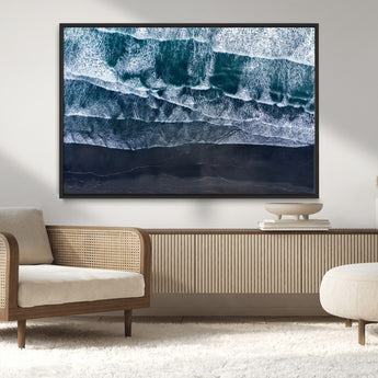 87941475-MGV-CV-36X24-Black Beach Wall Art Canvas Print, Framed Aerial Ocean Art Picture Print, Moody Coastal Perfect Modern Coastal Decor Artwork