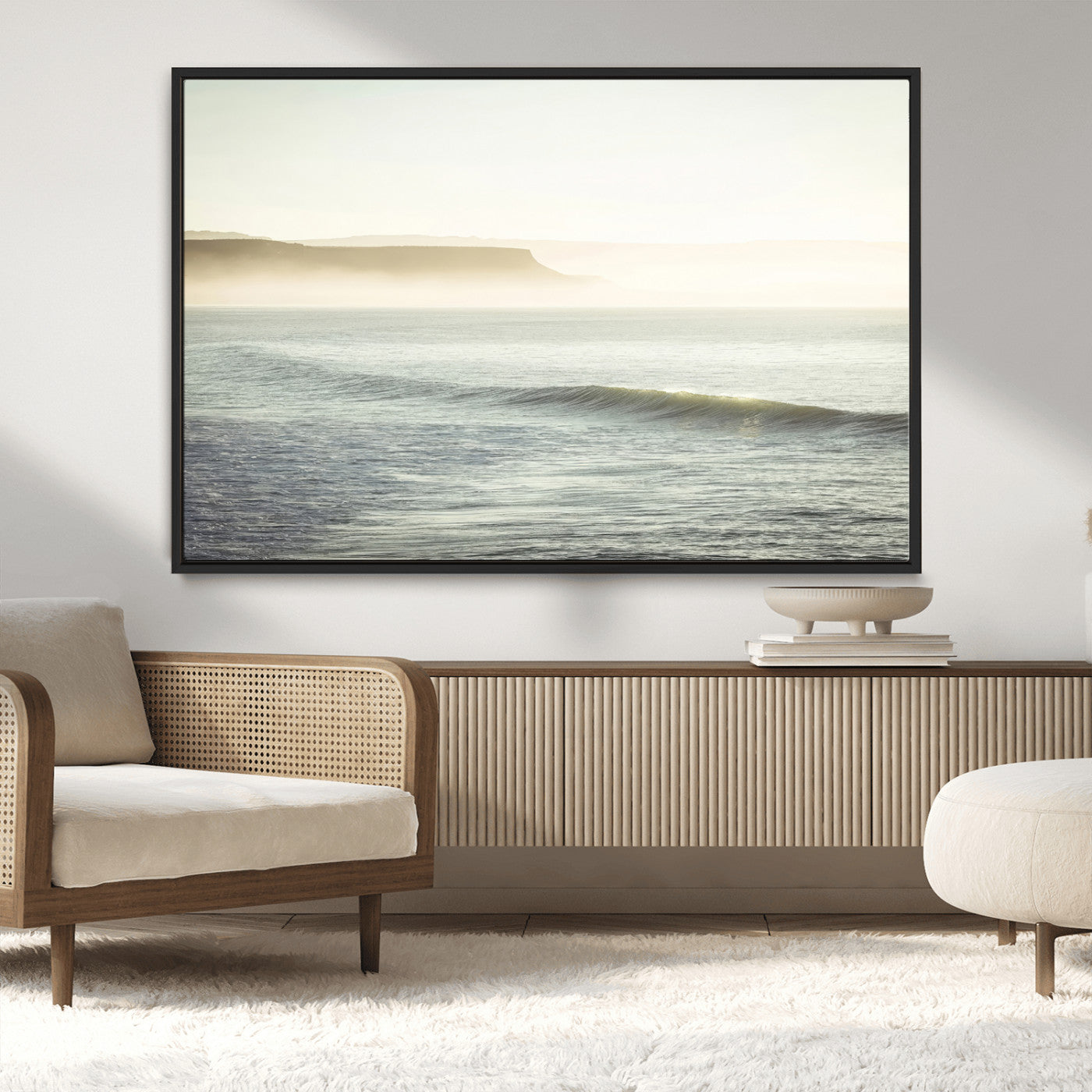 39310633-MGV-CV-36X24-Coastal Cliffs Wall Art Canvas Print, Framed Misty Ocean Art Picture Print, Morning Light Perfect Minimalistic Coastal Decor
