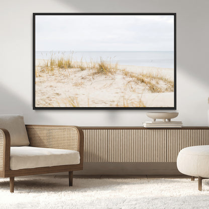 13146857-MGV-CV-36X24-Beach Dunes Wall Art Canvas Print, Framed Soft Horizon Art Picture Print, Coastal Grass Perfect Minimalist Coastal Decor Artwork