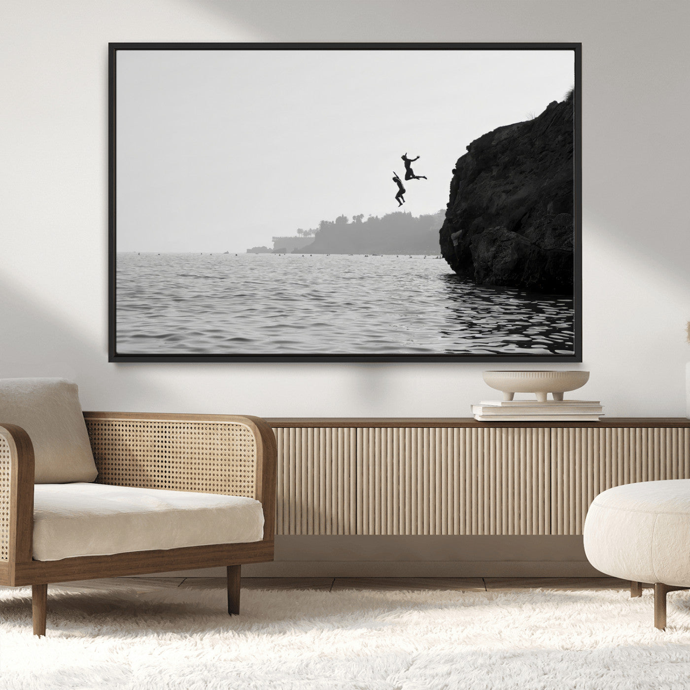 52284302-MGV-CV-36X24-Cliff Jumping Wall Art Canvas Print, Framed Ocean Adventure Art Picture Print, Black White Coast Perfect Modern Coastal Decor