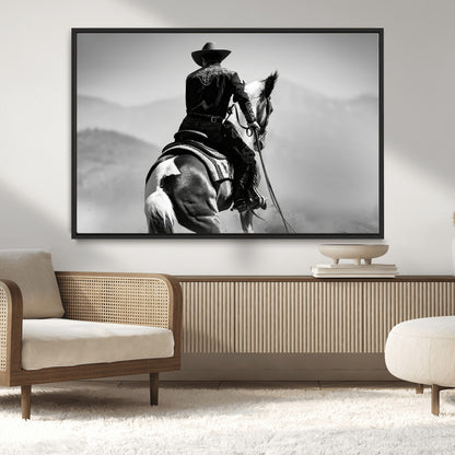 83102464-MGV-CV-36X24-Western Cowboy Wall Art Canvas Print, Framed Monochrome Horse Art Picture Print, Western Equestrian Perfect Rustic Western Decor