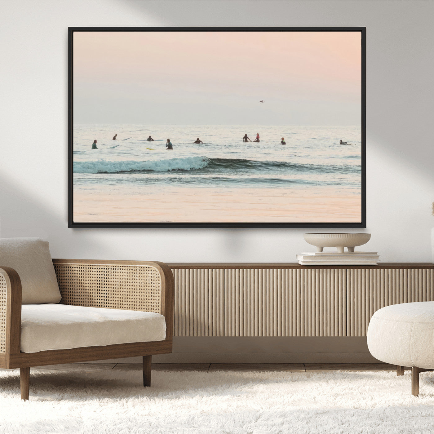 98888919-MGV-CV-36X24-Pastel Ocean Wall Art Canvas Print, Framed Soft Sunset Swimming Art Picture Print, Calm Sea Horizon Perfect Soft Coastal