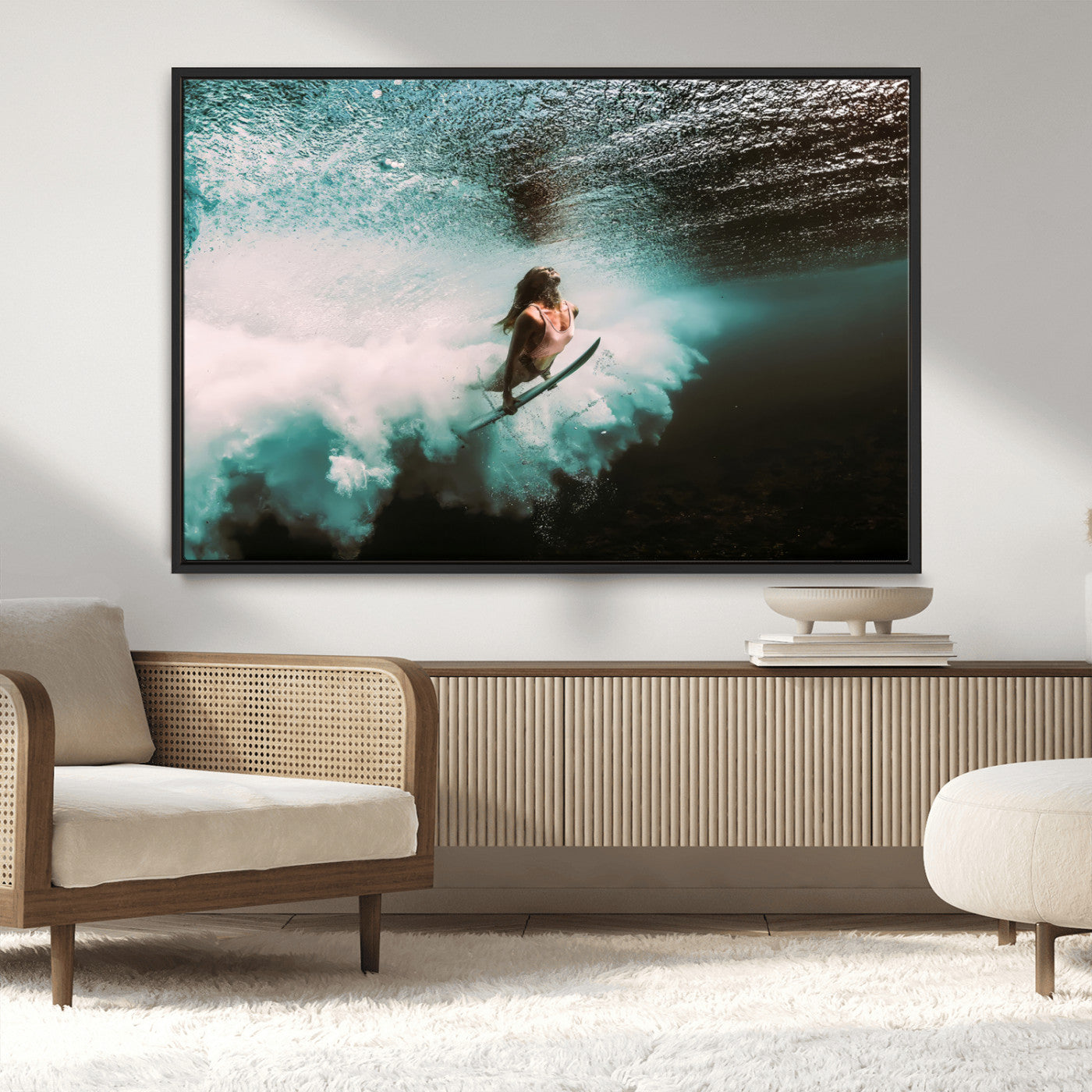 85923512-MGV-FC-36X24_Black-Aquatic Motion Wall Art Canvas Print, Framed Underwater Swimming Art Picture Print, Female Surfer Diving Perfect Coastal Boho