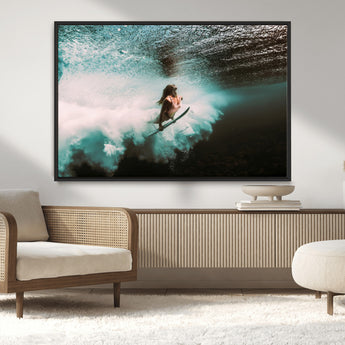 85923512-MGV-FC-36X24_Black-Aquatic Motion Wall Art Canvas Print, Framed Underwater Swimming Art Picture Print, Female Surfer Diving Perfect Coastal Boho