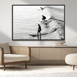 19875284-MGV-CV-36X24-Surfer Waves Wall Art Canvas Print, Framed Black White Surf Art Picture Print, Monochrome Ocean Perfect Modern Coastal Decor