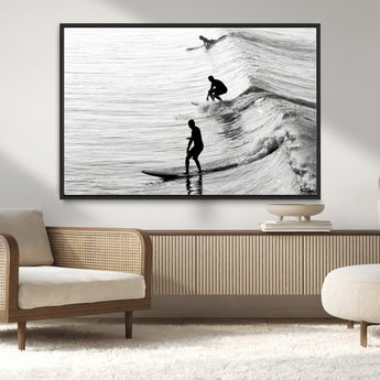 19875284-MGV-CV-36X24-Surfer Waves Wall Art Canvas Print, Framed Black White Surf Art Picture Print, Monochrome Ocean Perfect Modern Coastal Decor