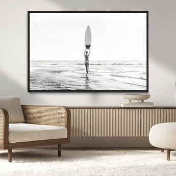 98446901-MGV-CV-36X24-Monochrome Surf Wall Art Canvas Print, Framed Minimalist Surfer Art Picture Print, Surfboard Silhouette Perfect Coastal Minimalist