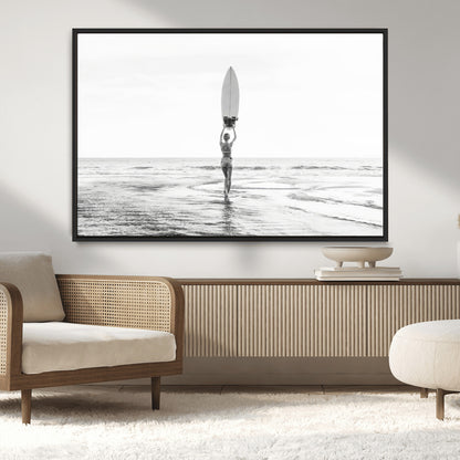 98446901-MGV-CV-36X24-Monochrome Surf Wall Art Canvas Print, Framed Minimalist Surfer Art Picture Print, Surfboard Silhouette Perfect Coastal Minimalist