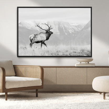 62278753-MGV-CV-36X24-Monochrome Elk Wall Art Canvas Print, Framed Mountain Wildlife Art Picture Print, Rustic Nature Perfect Rustic Minimalist Decor