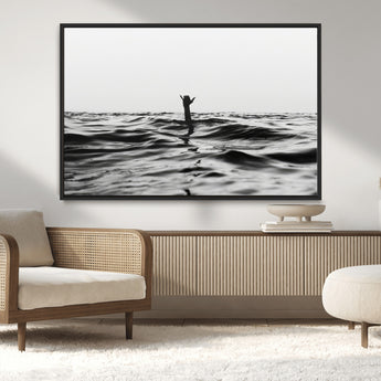 69541918-MGV-CV-36X24-Black White Ocean Wall Art Canvas Print, Framed Moody Seascape Art Picture Print, Surfer Sign Perfect Moody Minimalist Decor