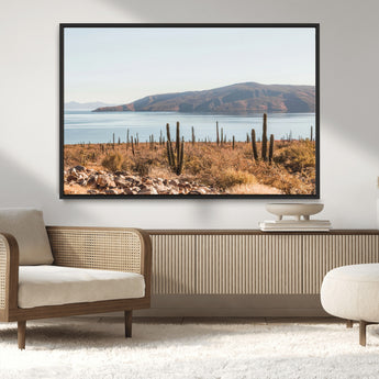 45193515-MGV-CV-36X24-Desert Cactus Wall Art Canvas Print, Framed Baja Coastline Art Picture Print, Coastal Desert Perfect Southwestern Minimalist Decor