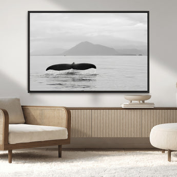 30524220-MGV-CV-36X24-Whale Tail Wall Art Canvas Print, Framed Black White Ocean Art Picture Print, Calm Marine Perfect Minimalist Coastal Decor Artwork
