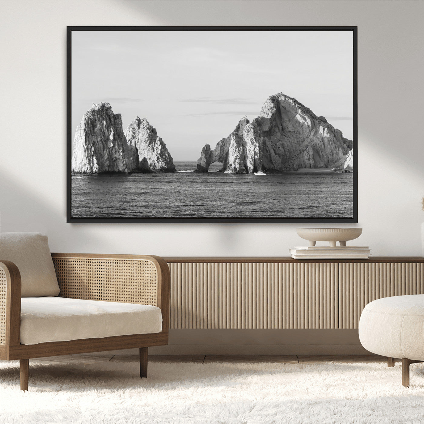 18810731-MGV-CV-36X24-Rugged Coastline Wall Art Canvas Print, Framed Ocean Cliffs Art Picture Print, Monochrome Seascape Perfect Coastal Minimalist