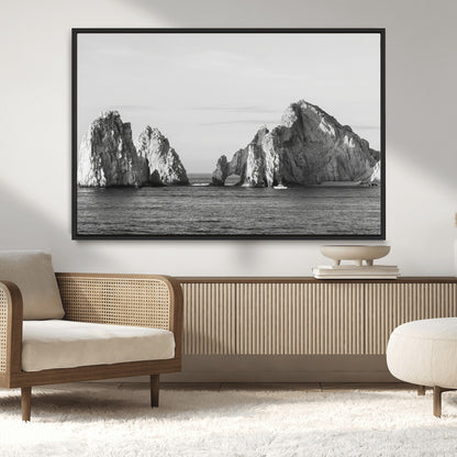 18810731-MGV-CV-36X24-Rugged Coastline Wall Art Canvas Print, Framed Ocean Cliffs Art Picture Print, Monochrome Seascape Perfect Coastal Minimalist