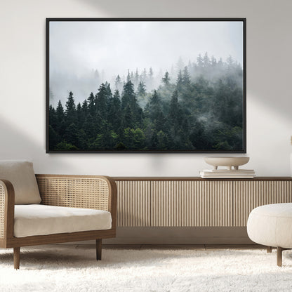 84146572-MGV-CV-36X24-Foggy Pine Trees Wall Art Canvas Print, Framed Forest Nature Art Picture Print, Evergreen Forest Perfect Scandinavian Minimalist