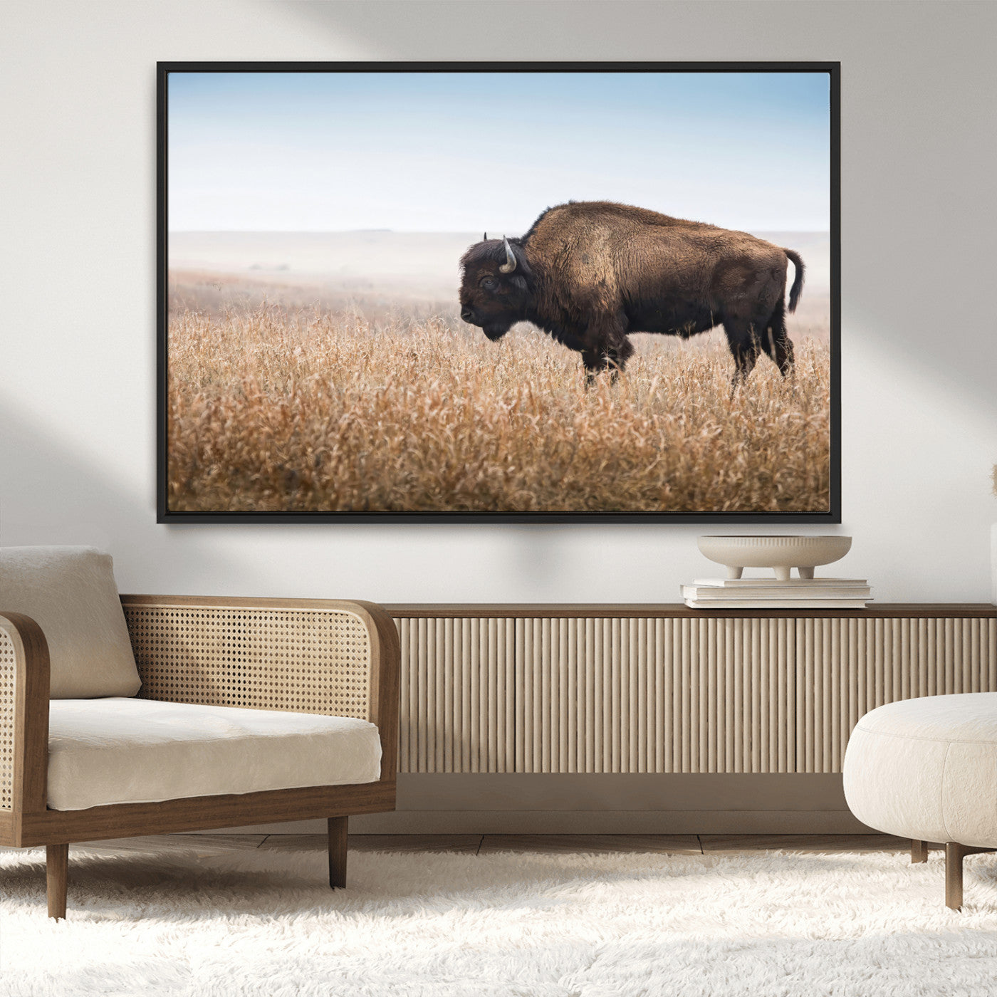 99620201-MGV-CV-36X24-Wild Bison Wall Art Canvas Print, Framed Bison in Prairie Art Picture Print, Rustic Western Perfect Rustic Western Decor Artwork