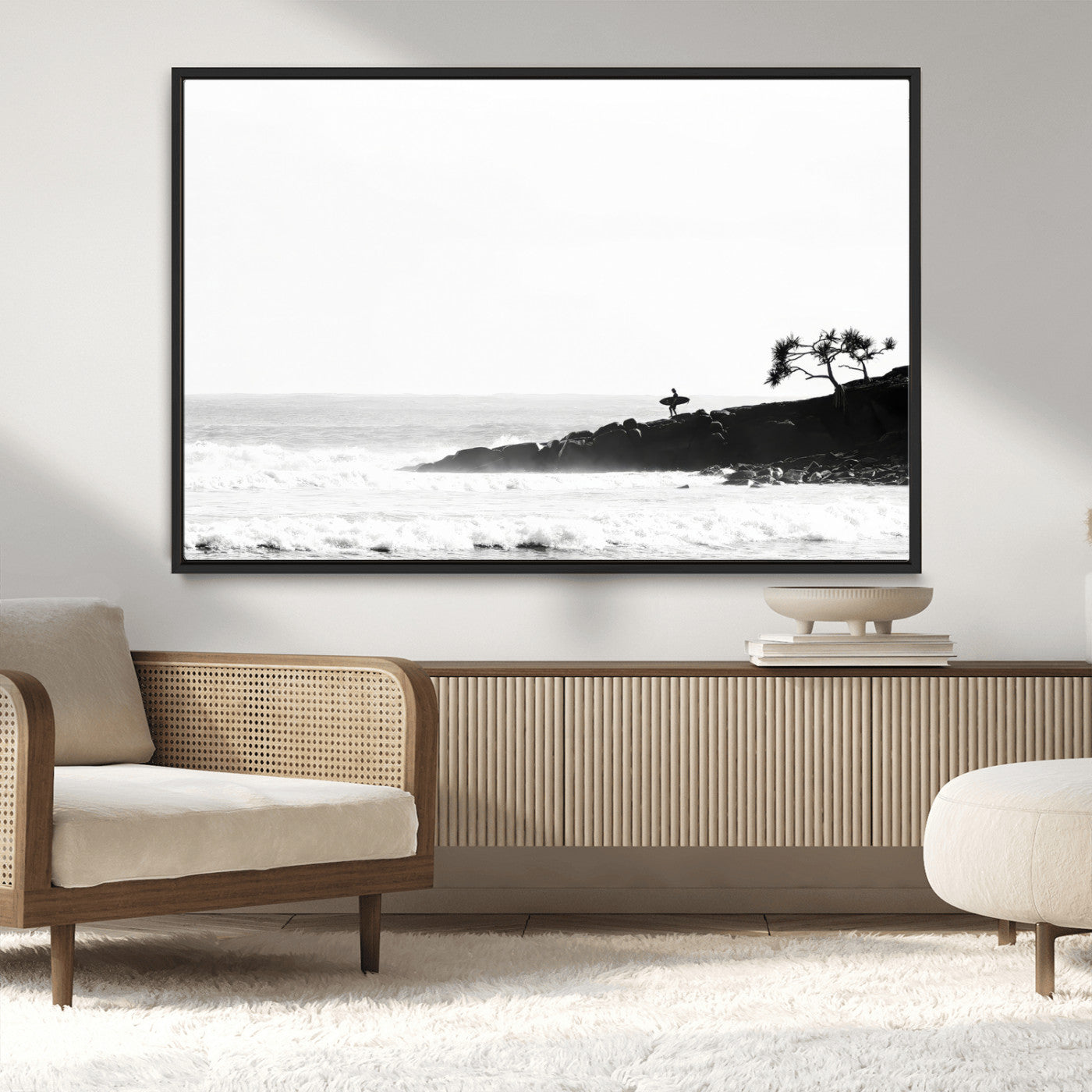 40875891-MGV-CV-36X24-SurferCliffs Wall Art Canvas Print, Framed Black White Beach Art Picture Print, Ocean Waves Perfect Minimalist Coastal Decor